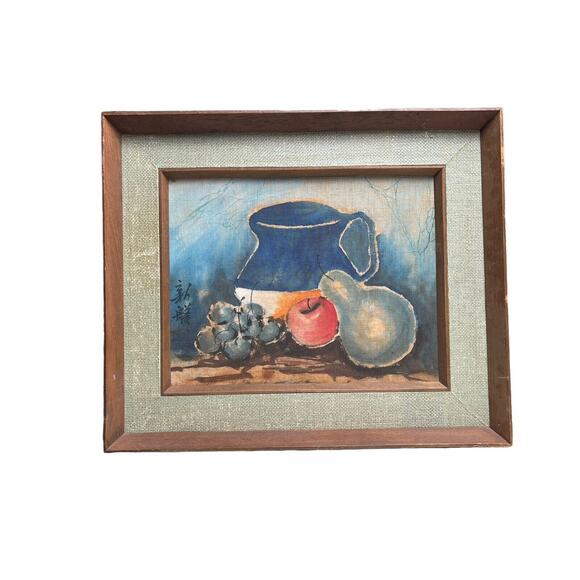 Vtg Mid Century Japanese Watercolor Painting on Fabric Still Life Signed